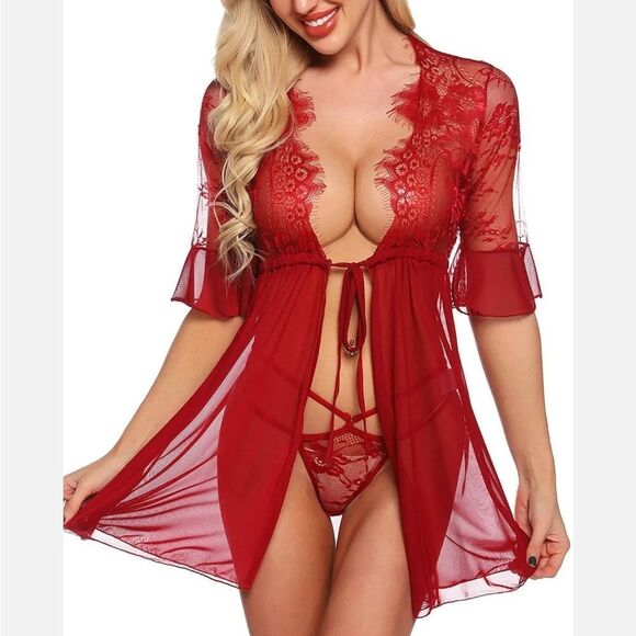 Women's Sexy Lingerie Babydoll Lace Chemise Sheer Mesh Open Front Sleepwear Set - Picture 3 of 6